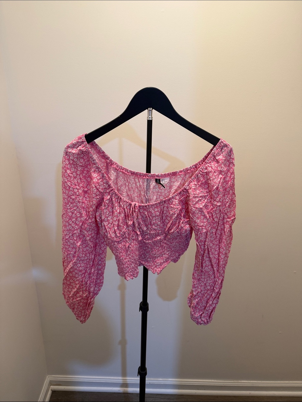 H&M Pink Floral Off-Shoulder Smocked Peasant Top